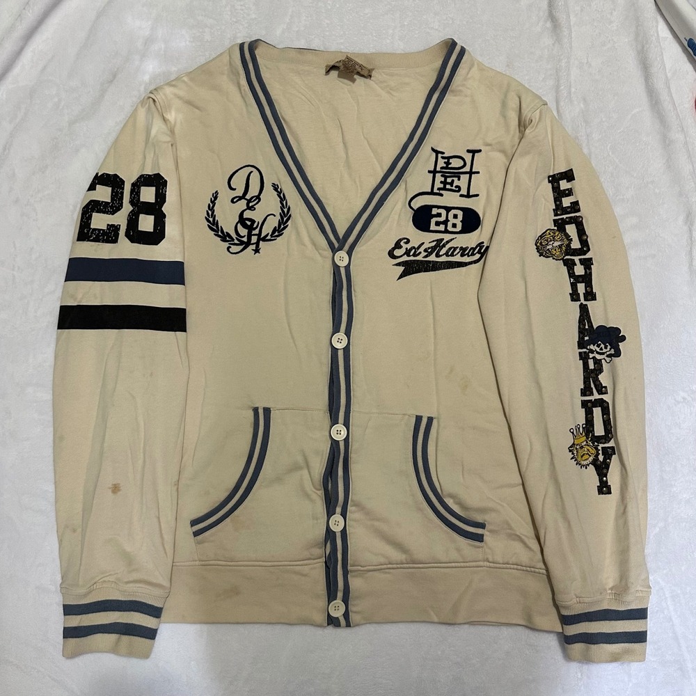 Ed Hardy Cardigan Size 2XL Beige‎ Whit Blue Trims and Print